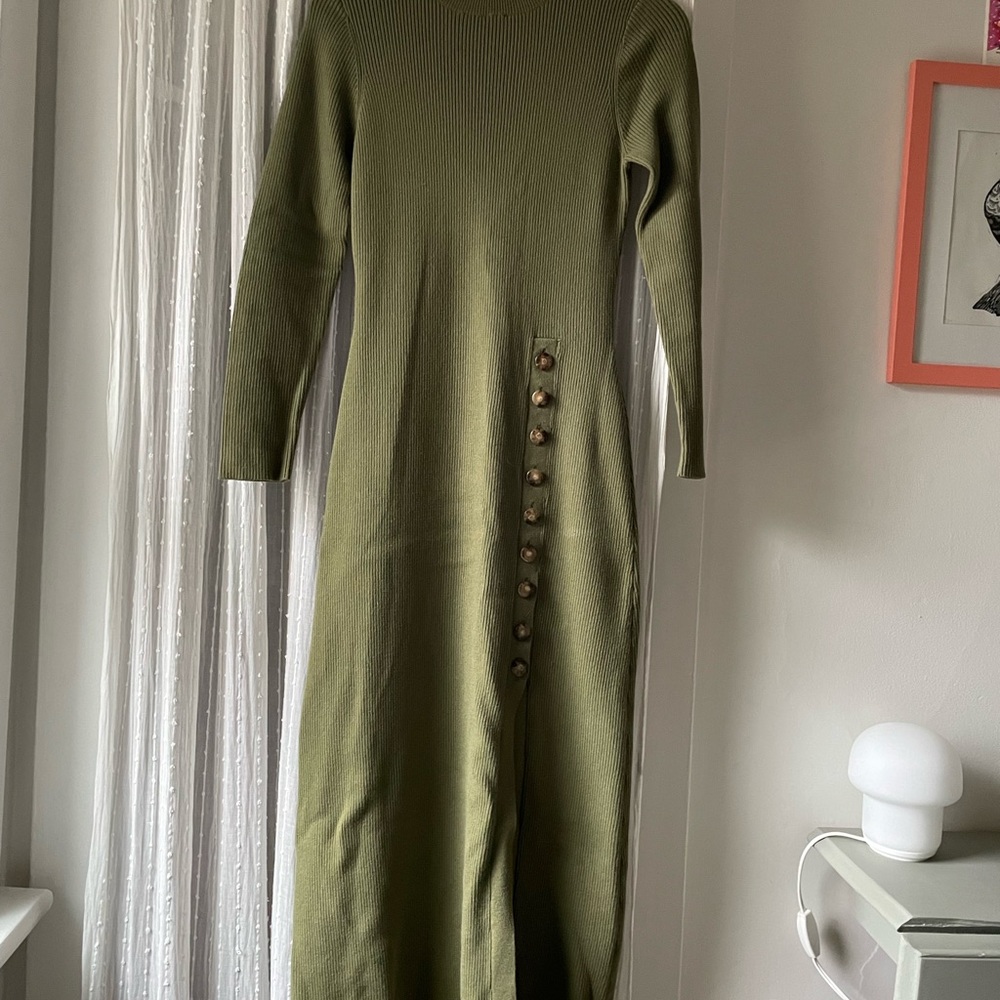 sezane Harper Ribbed Knit Long Sleeve Maxi Dress in Olive Green - Picture 2 of 6